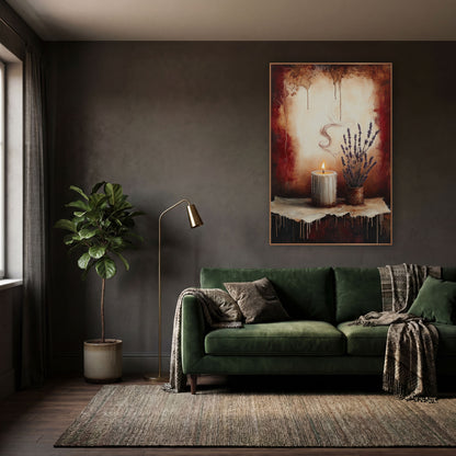 Lavender Pot Dripping Candle Classic wall art in a moody dark academia room – lit white candle with dripping wax