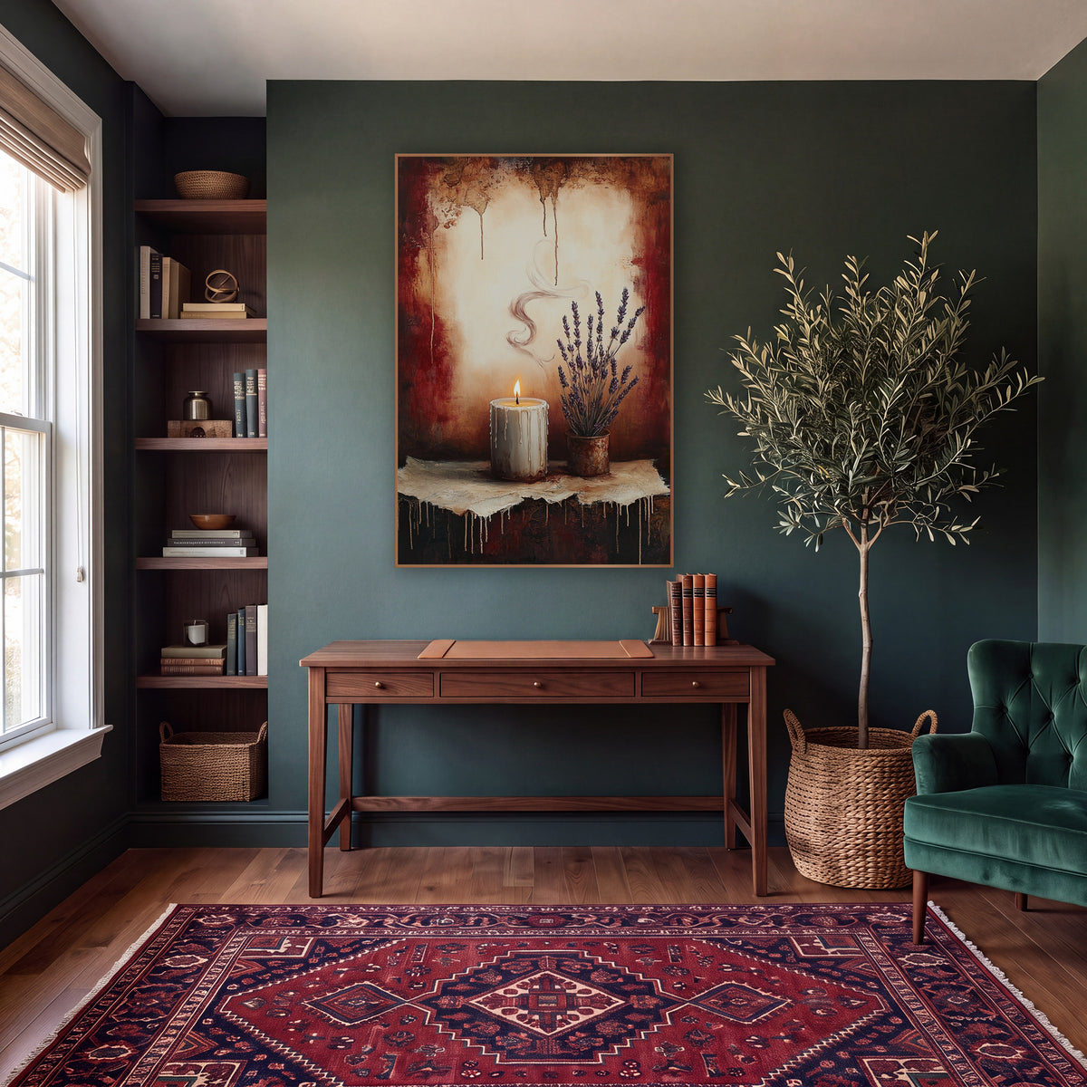 Lavender Pot Dripping Candle Classic wall art in a moody dark academia room – lit white candle with dripping wax