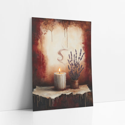 Lavender Pot Dripping Candle Classic art print leaning against a white wall – lit white candle with dripping wax