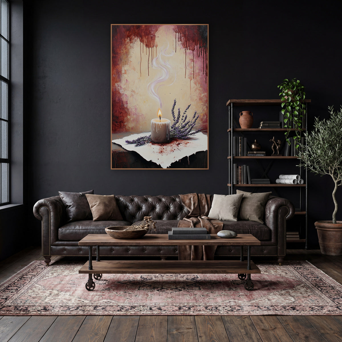 Blush Smoke Candle Lavender Romantic wall art in a moody dark academia room – lit white candle with wax drips