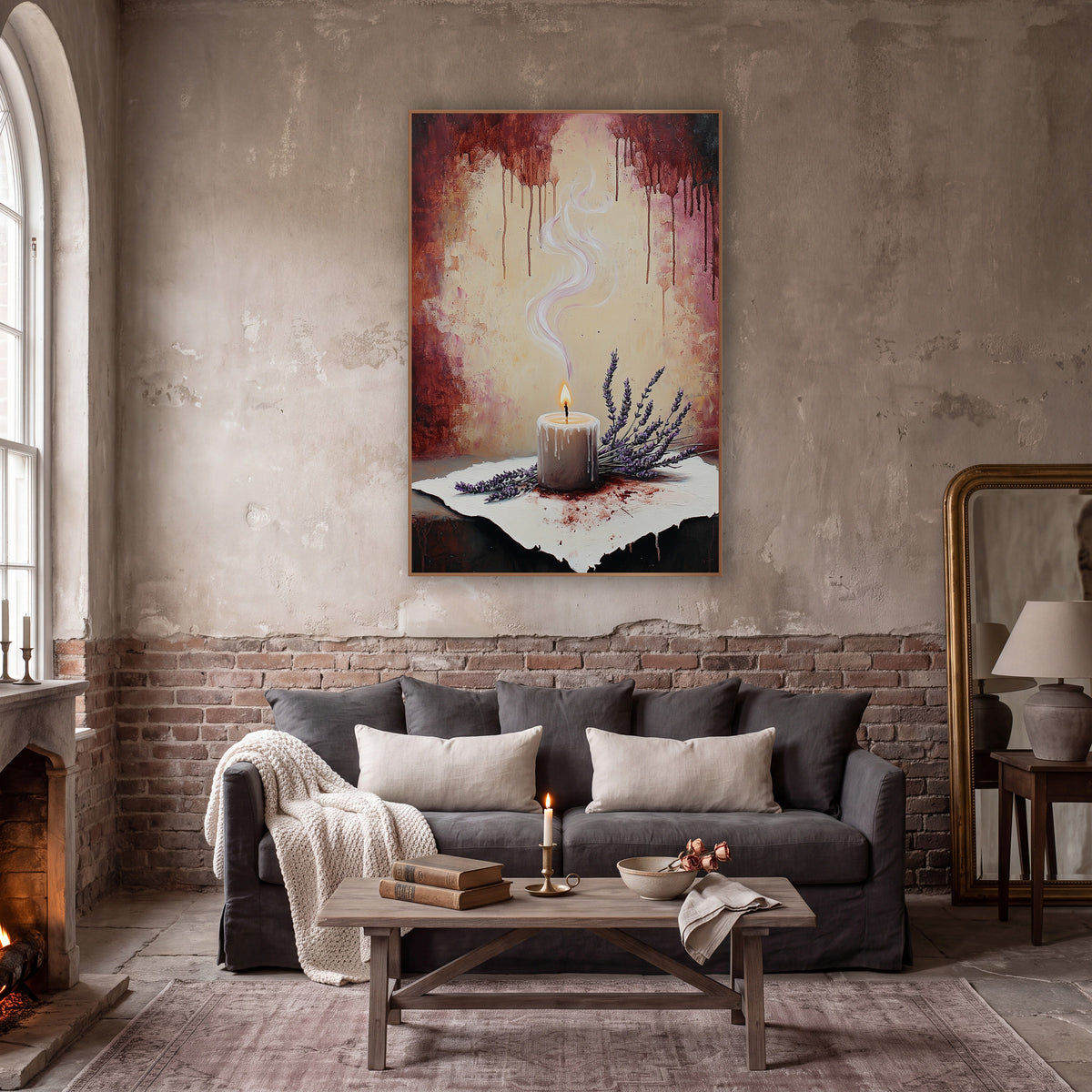 Blush Smoke Candle Lavender Romantic wall art in a moody dark academia room – lit white candle with wax drips