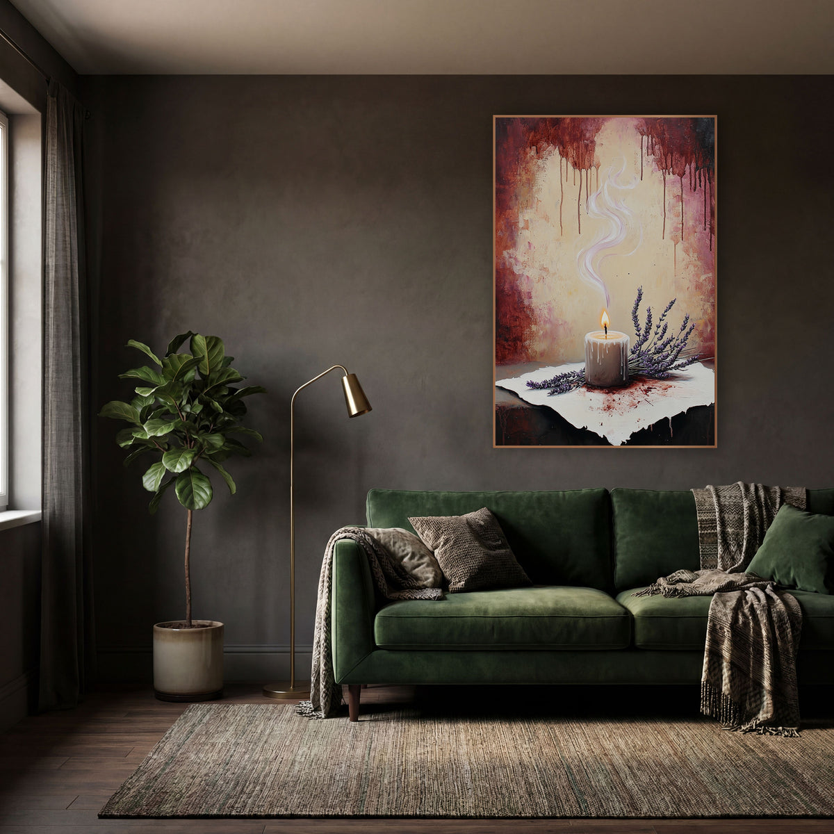 Blush Smoke Candle Lavender Romantic wall art in a moody dark academia room – lit white candle with wax drips
