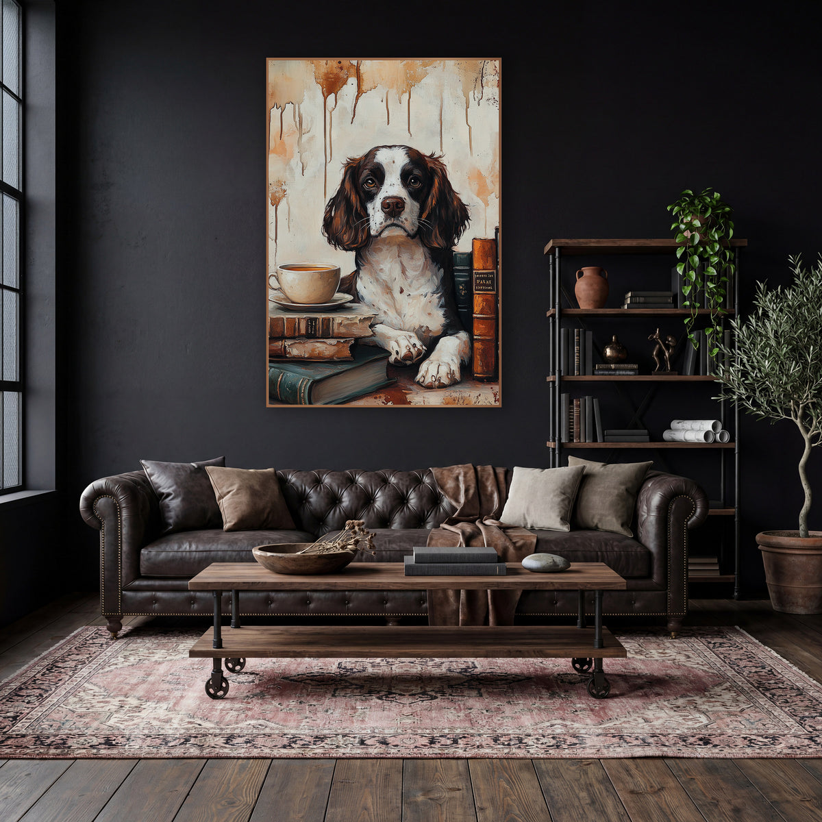 Spaniel Teacup Beside Book Spines Classic wall art in a moody dark academia room – brown and white spaniel with paws