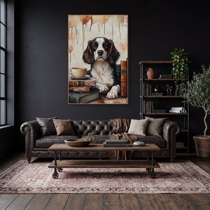 Spaniel Teacup Beside Book Spines Classic wall art in a moody dark academia room – brown and white spaniel with paws