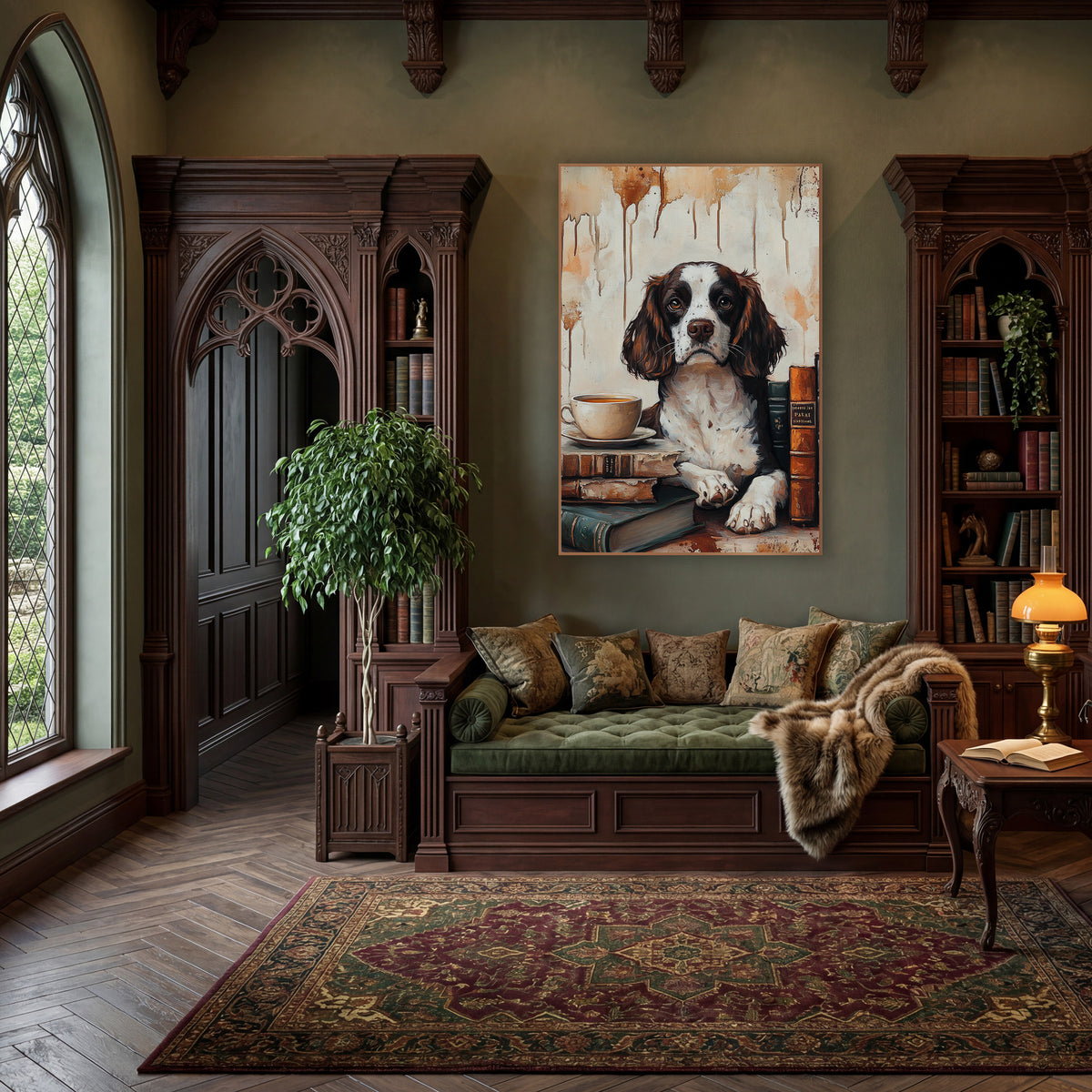 Spaniel Teacup Beside Book Spines Classic wall art in a moody dark academia room – brown and white spaniel with paws