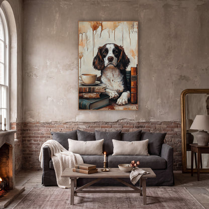 Spaniel Teacup Beside Book Spines Classic wall art in a moody dark academia room – brown and white spaniel with paws