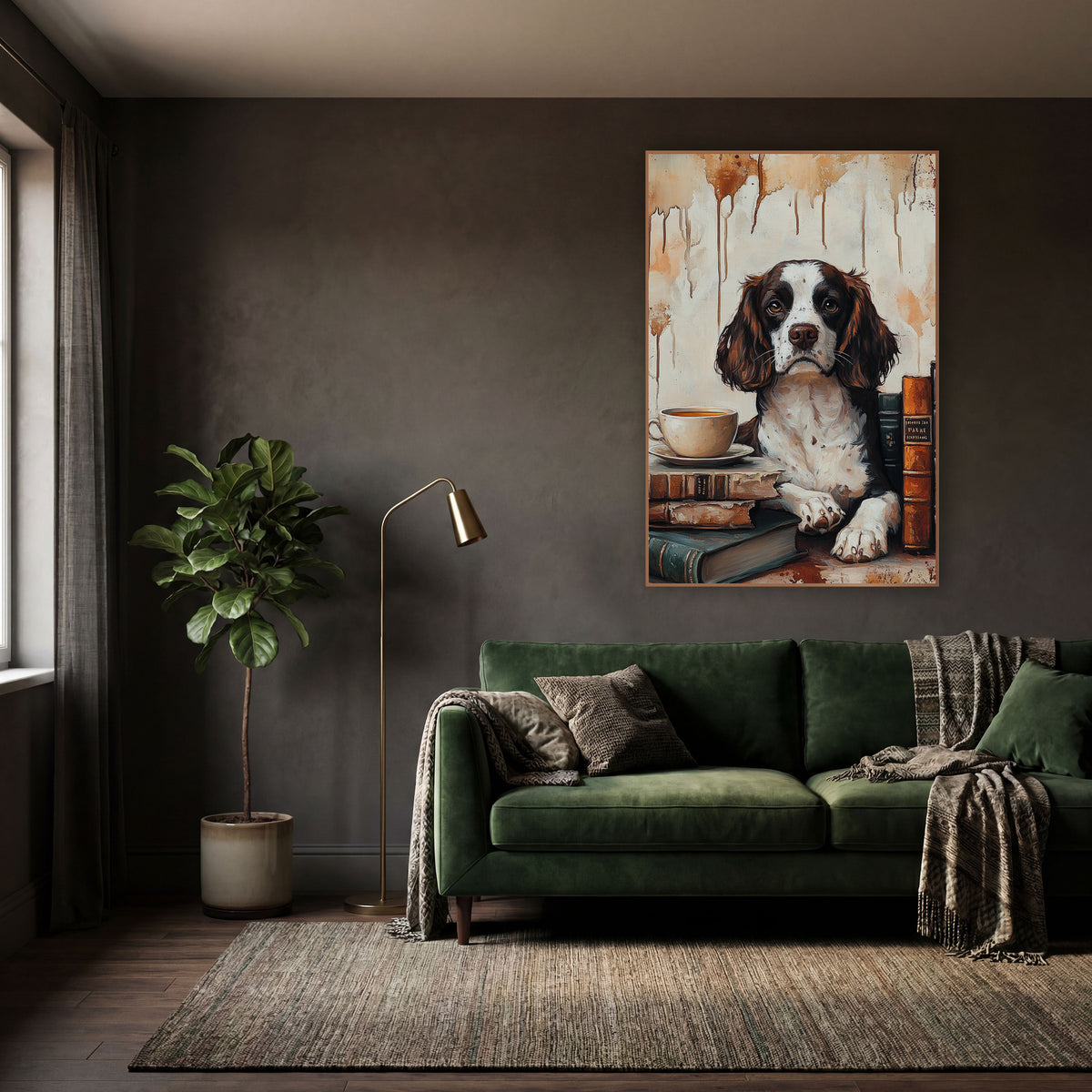 Spaniel Teacup Beside Book Spines Classic wall art in a moody dark academia room – brown and white spaniel with paws