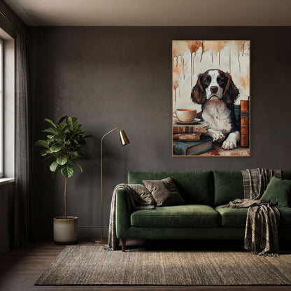 Spaniel Teacup Beside Book Spines Classic wall art in a moody dark academia room – brown and white spaniel with paws