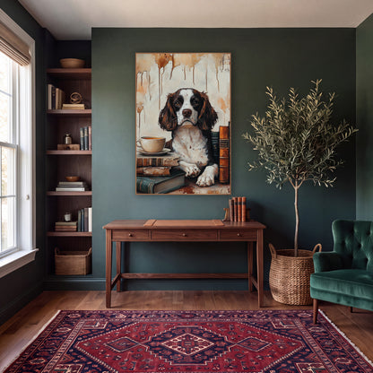 Spaniel Teacup Beside Book Spines Classic wall art in a moody dark academia room – brown and white spaniel with paws