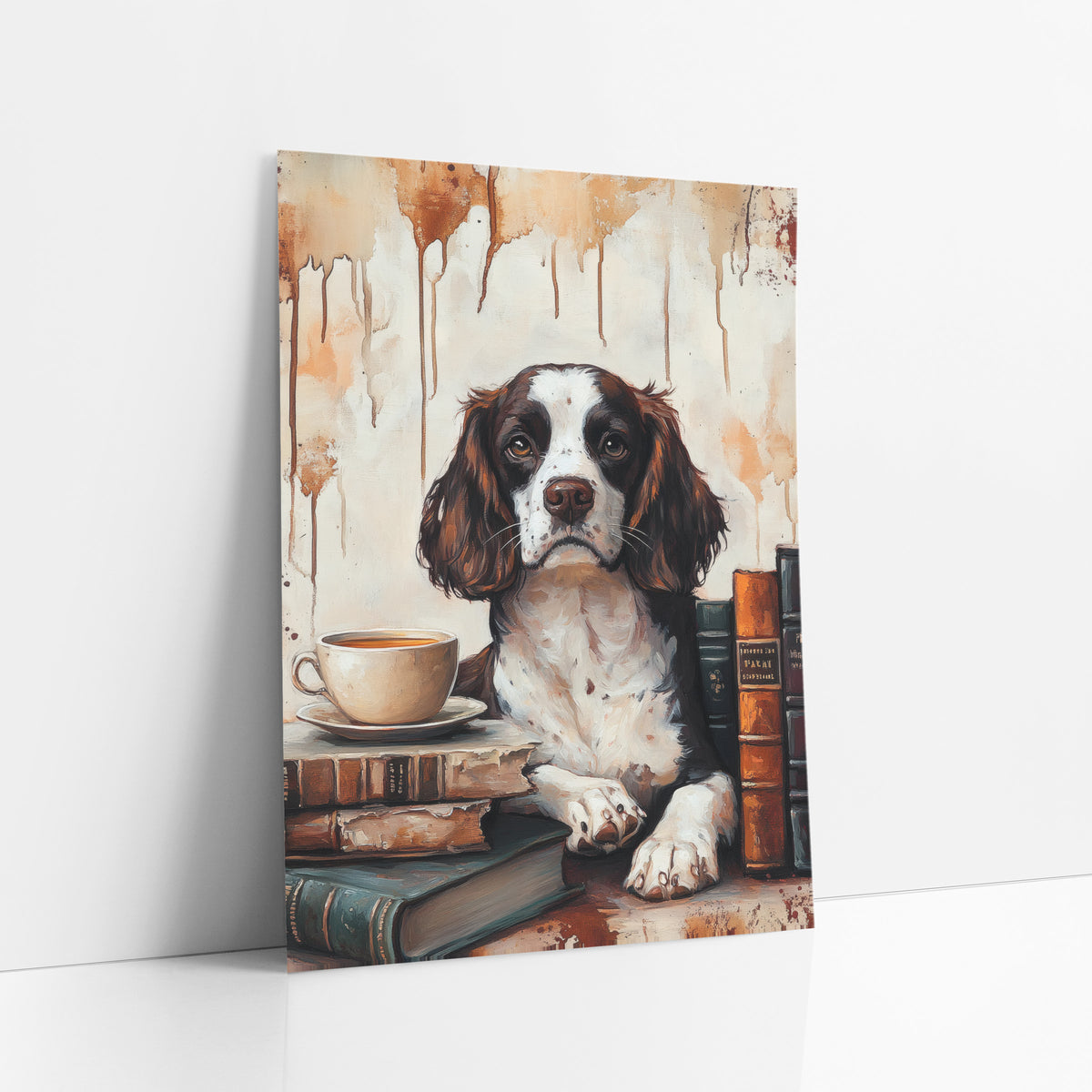Spaniel Teacup Beside Book Spines Classic art print leaning against a white wall – brown and white spaniel with paws on old