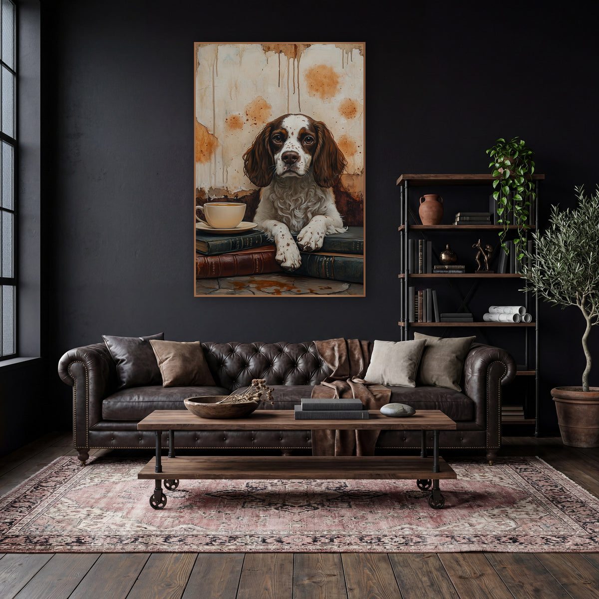 Spaniel Paws On Books Rustic wall art in a moody dark academia room – brown and white spaniel resting paws on stacked