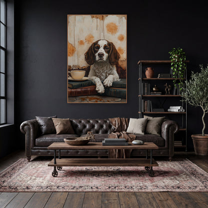 Spaniel Paws On Books Rustic wall art in a moody dark academia room – brown and white spaniel resting paws on stacked