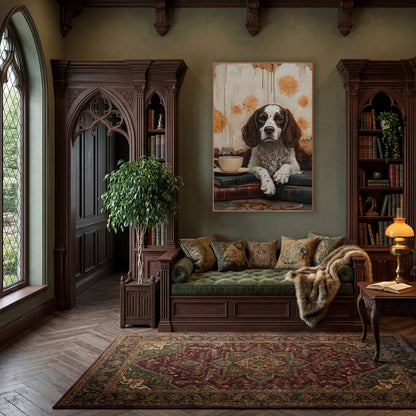 Spaniel Paws On Books Rustic wall art in a moody dark academia room – brown and white spaniel resting paws on stacked