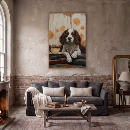 Spaniel Paws On Books Rustic wall art in a moody dark academia room – brown and white spaniel resting paws on stacked