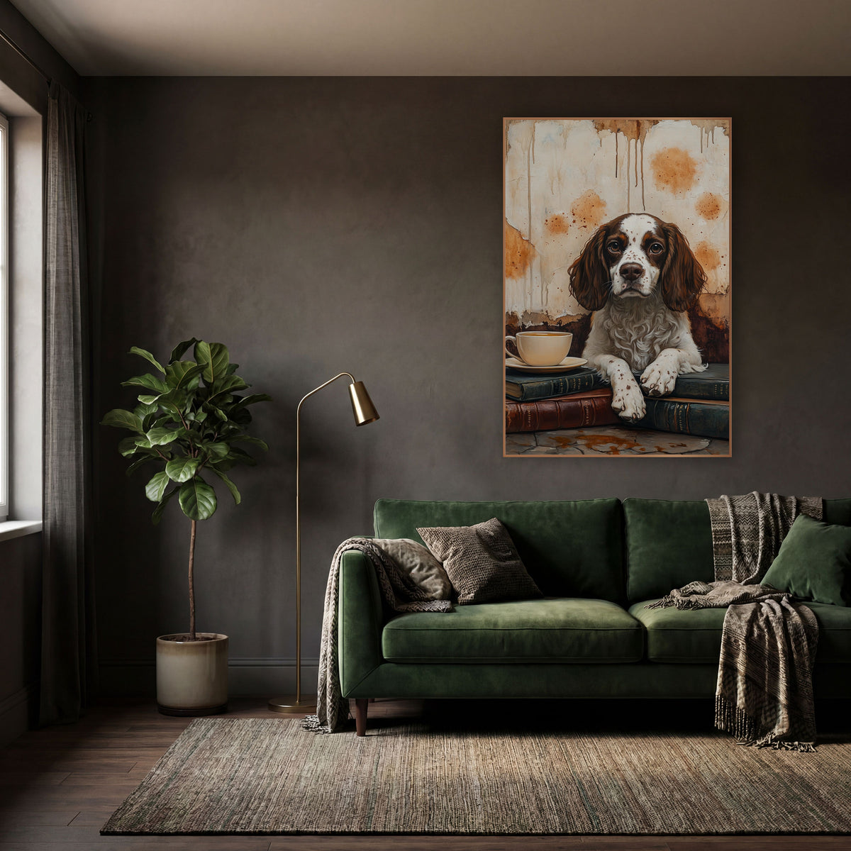 Spaniel Paws On Books Rustic wall art in a moody dark academia room – brown and white spaniel resting paws on stacked