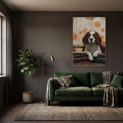 Spaniel Paws On Books Rustic wall art in a moody dark academia room – brown and white spaniel resting paws on stacked