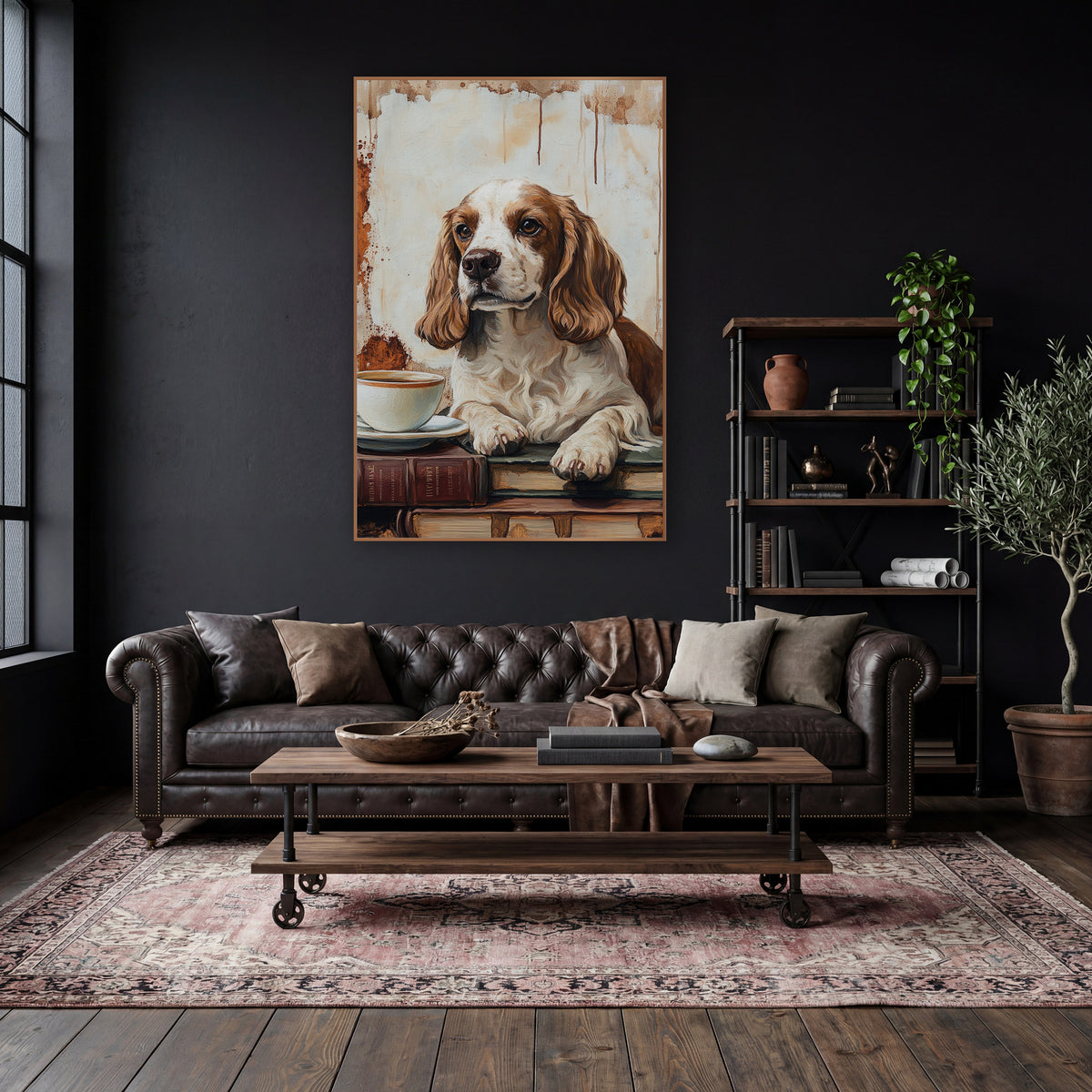 Brown White Spaniel Vintage Study wall art in a moody dark academia room – brown and white spaniel resting paws
