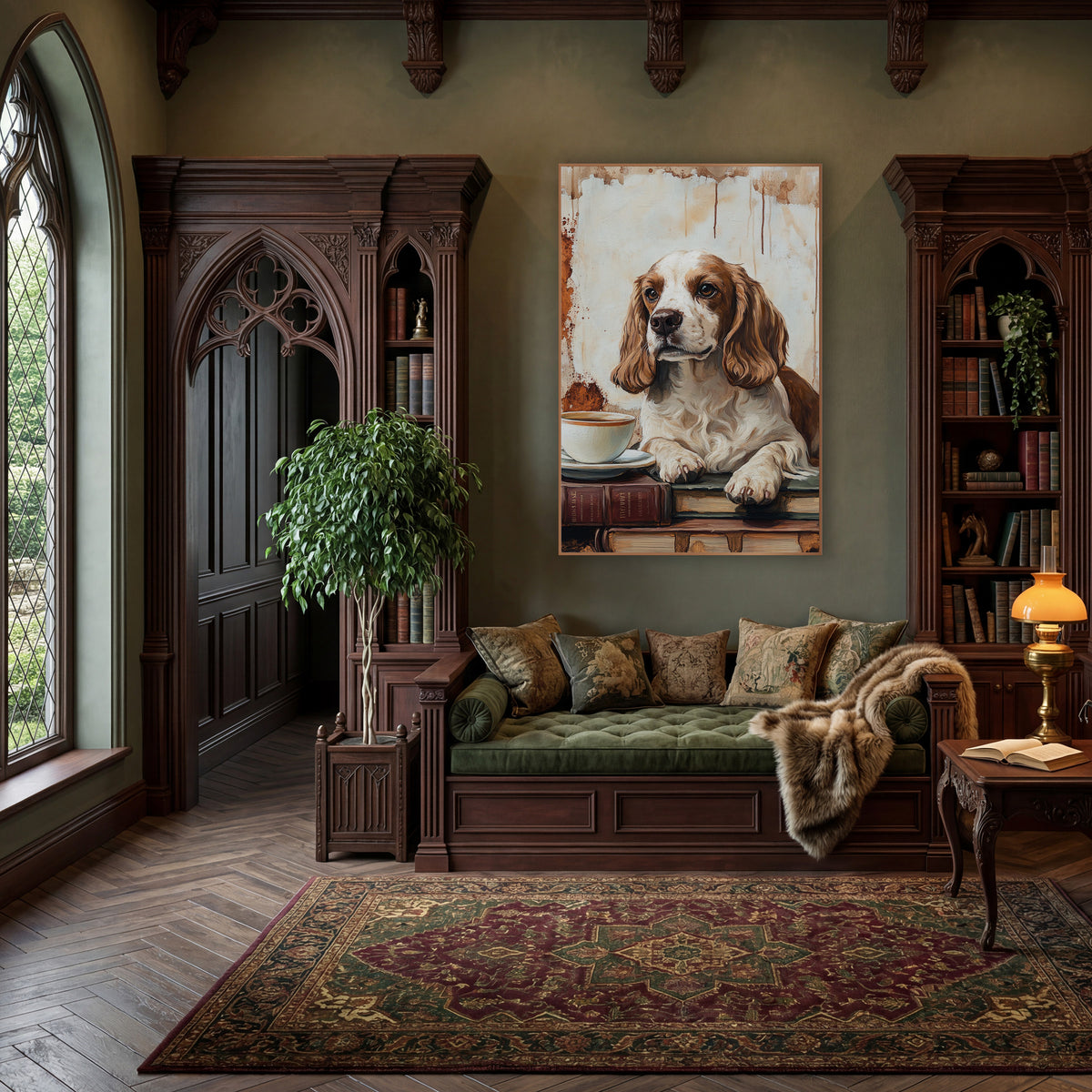 Brown White Spaniel Vintage Study wall art in a moody dark academia room – brown and white spaniel resting paws