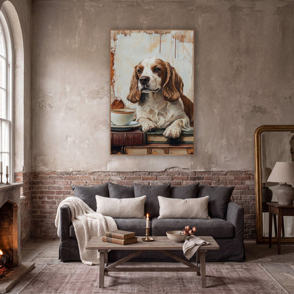 Brown White Spaniel Vintage Study wall art in a moody dark academia room – brown and white spaniel resting paws