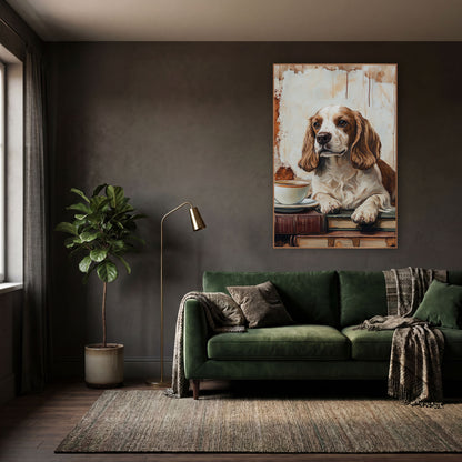 Brown White Spaniel Vintage Study wall art in a moody dark academia room – brown and white spaniel resting paws