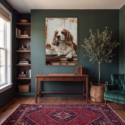 Brown White Spaniel Vintage Study wall art in a moody dark academia room – brown and white spaniel resting paws