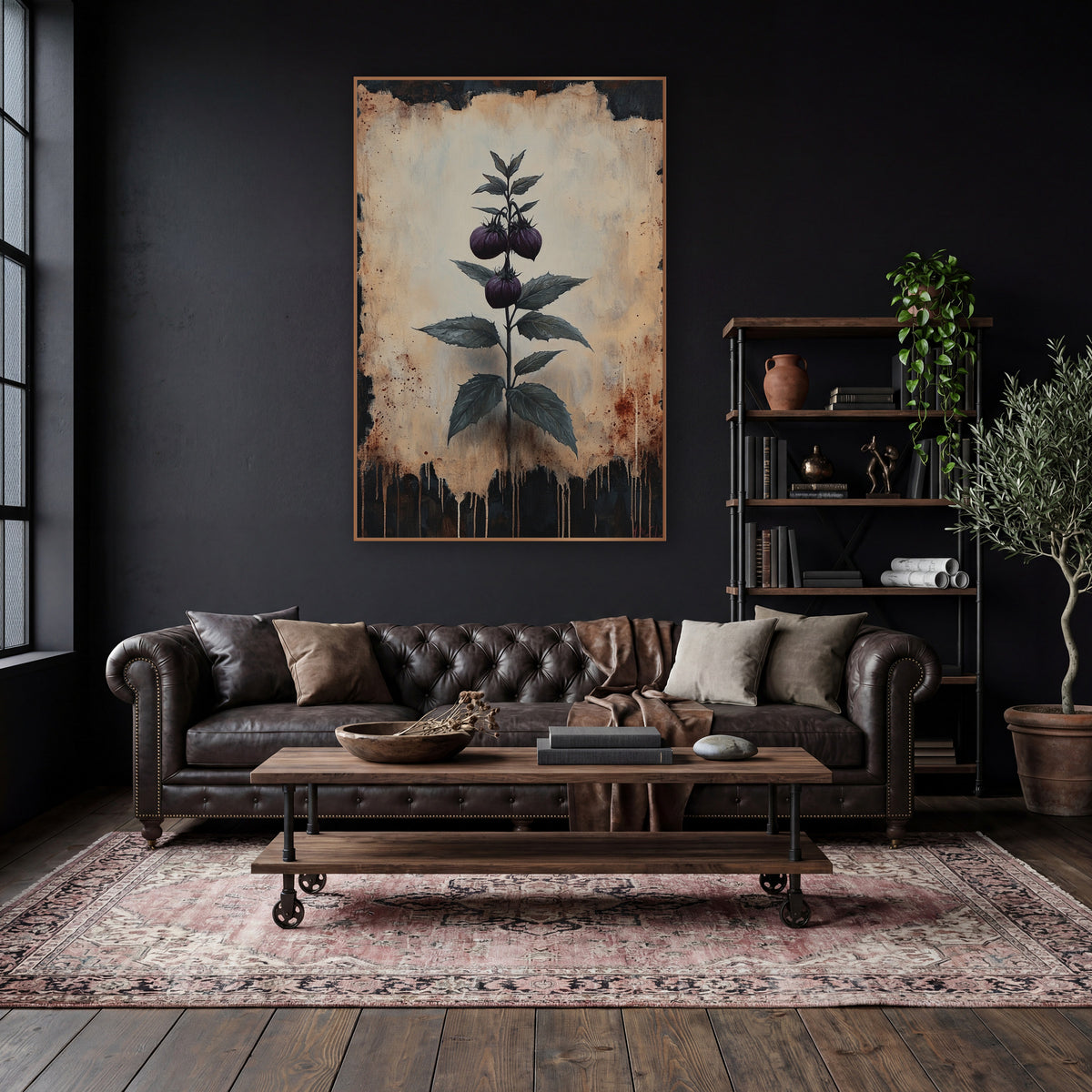 Dark Berry Sprig Botanical Study wall art in a moody dark academia room – dark plum berry sprig with serrated green