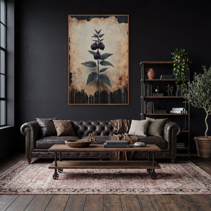 Dark Berry Sprig Botanical Study wall art in a moody dark academia room – dark plum berry sprig with serrated green