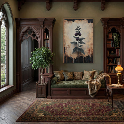 Dark Berry Sprig Botanical Study wall art in a moody dark academia room – dark plum berry sprig with serrated green