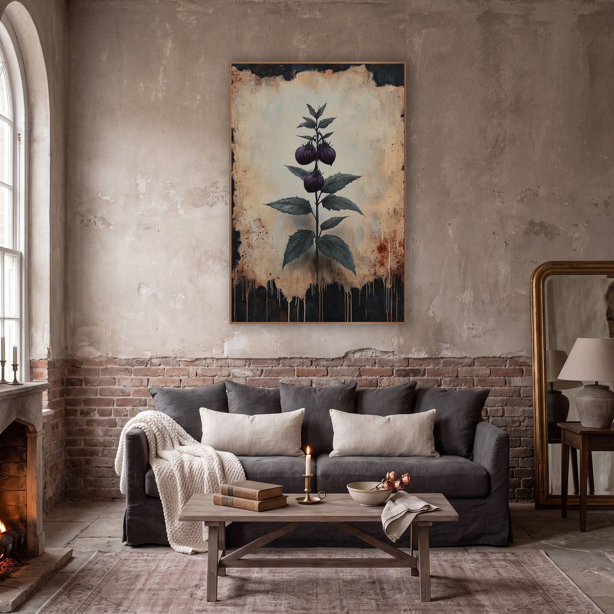 Dark Berry Sprig Botanical Study wall art in a moody dark academia room – dark plum berry sprig with serrated green