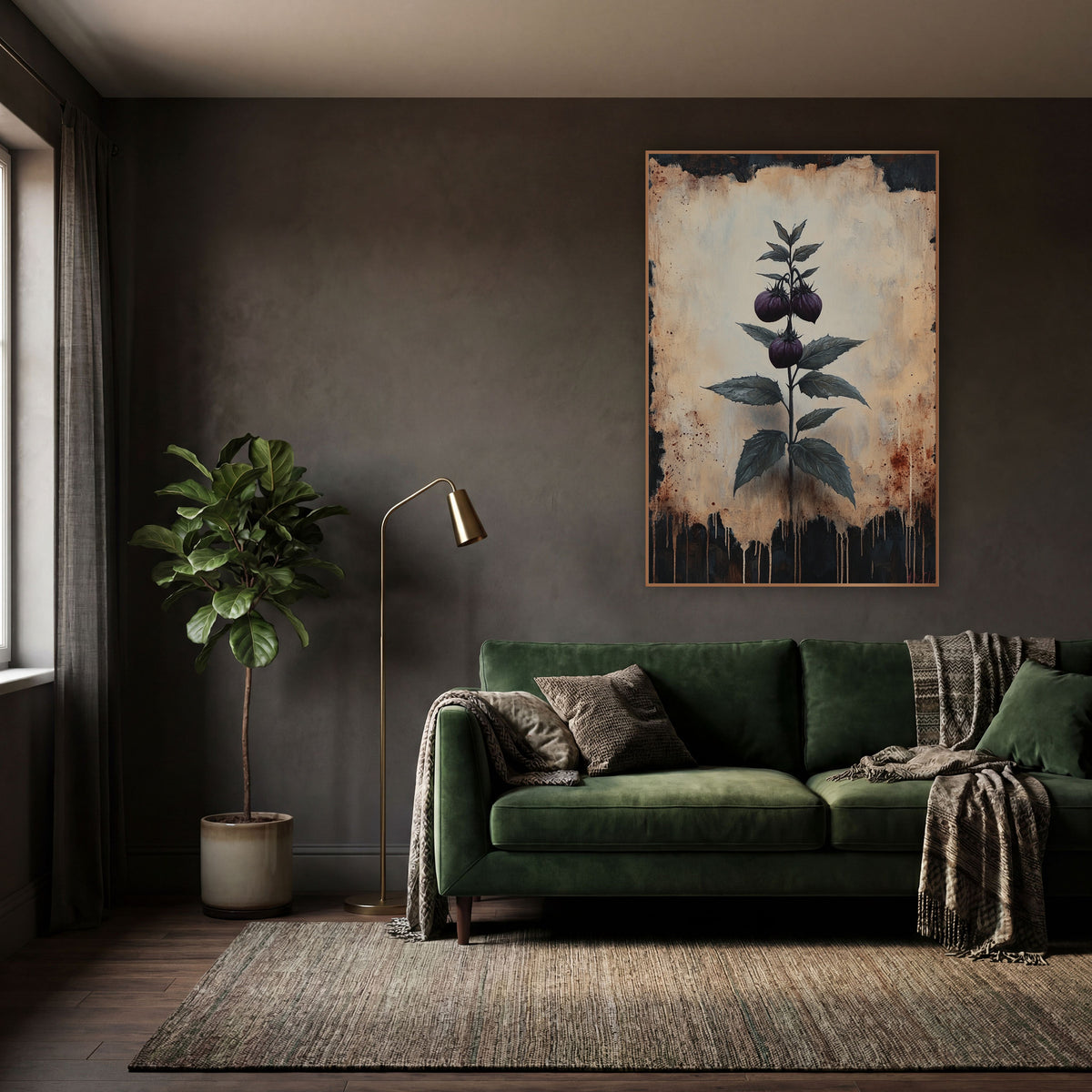 Dark Berry Sprig Botanical Study wall art in a moody dark academia room – dark plum berry sprig with serrated green