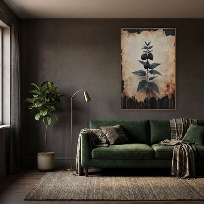 Dark Berry Sprig Botanical Study wall art in a moody dark academia room – dark plum berry sprig with serrated green