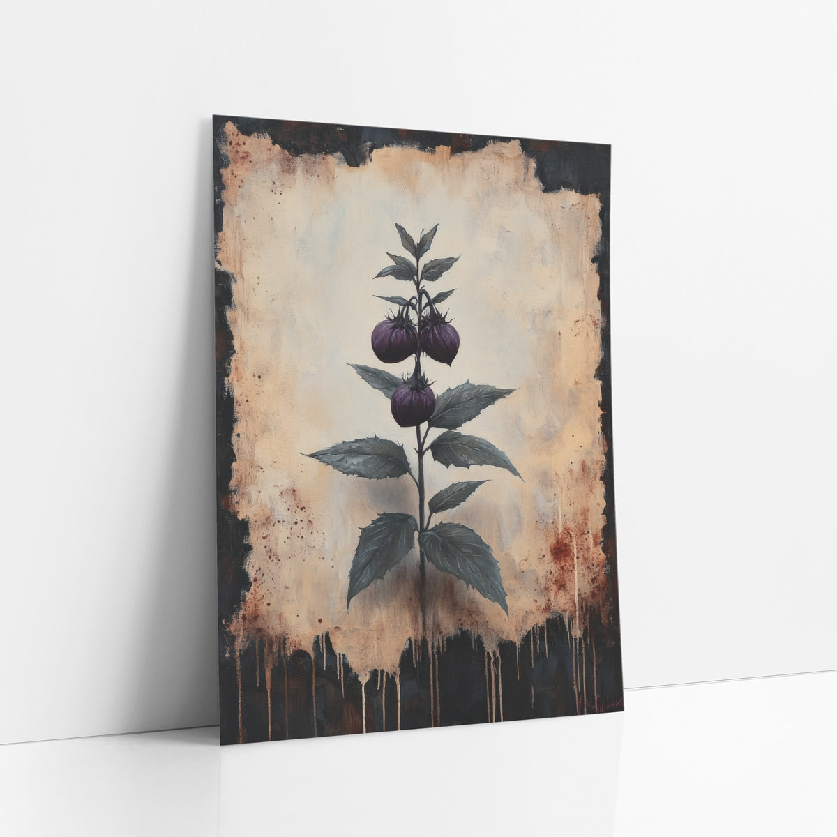 Dark Berry Sprig Botanical Study art print leaning against a white wall – dark plum berry sprig with serrated green leaves