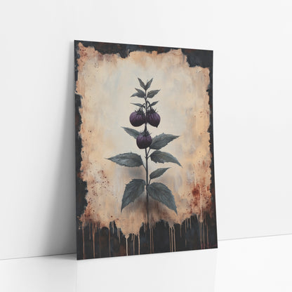 Dark Berry Sprig Botanical Study art print leaning against a white wall – dark plum berry sprig with serrated green leaves
