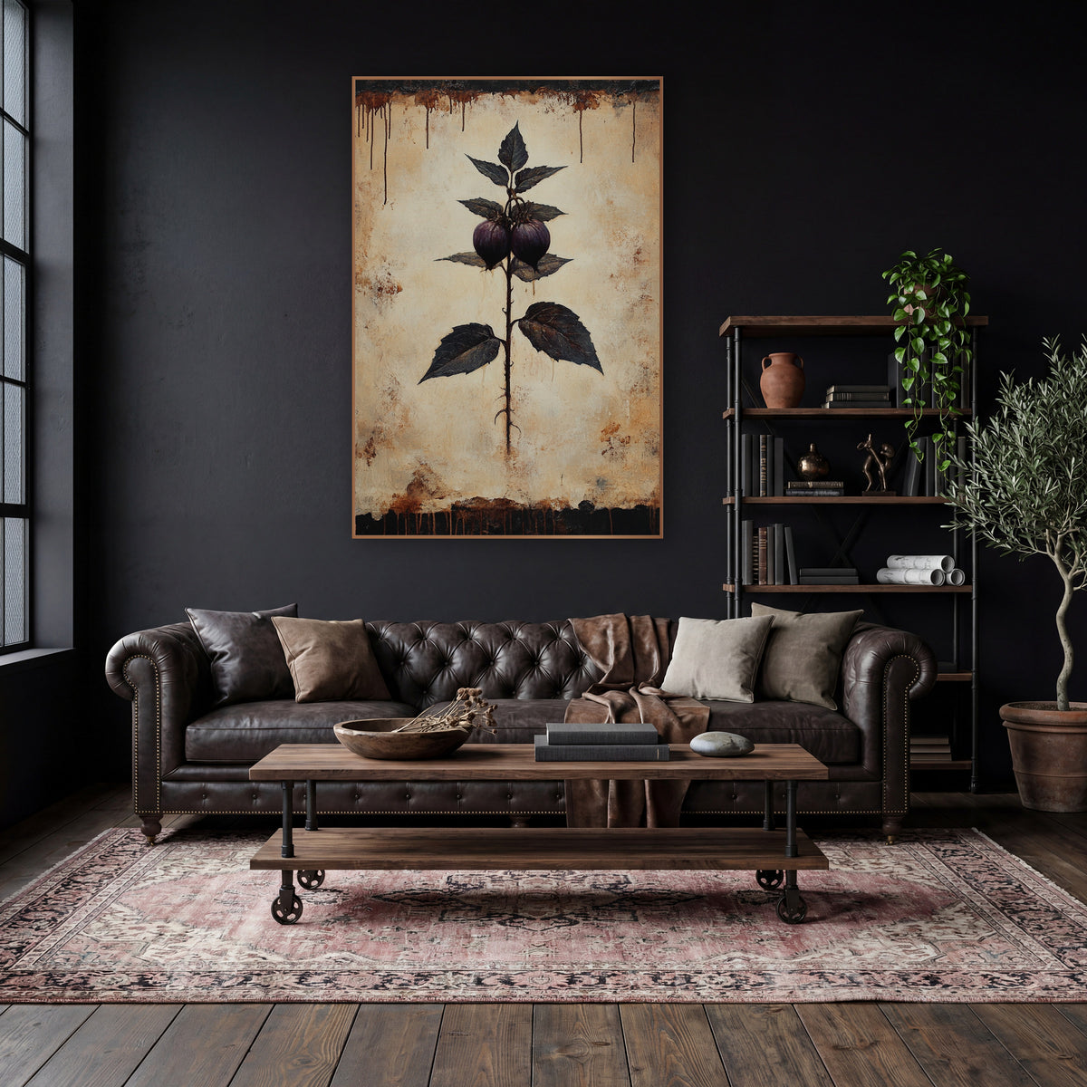 Dusky Plum Sprig Botanical Study wall art in a moody dark academia room – dark academia botanical artwork of a thorny