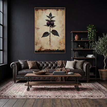 Dusky Plum Sprig Botanical Study wall art in a moody dark academia room – dark academia botanical artwork of a thorny