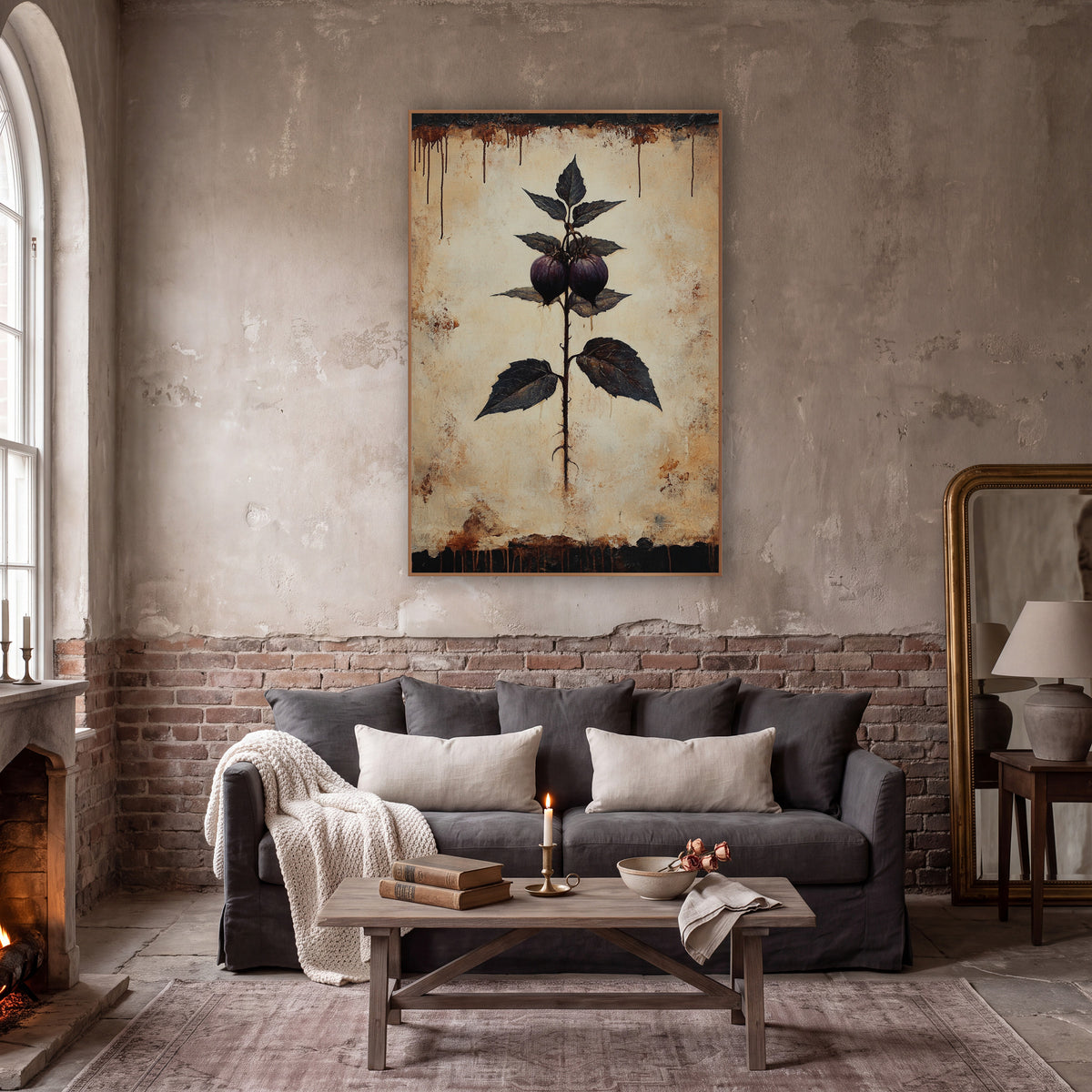 Dusky Plum Sprig Botanical Study wall art in a moody dark academia room – dark academia botanical artwork of a thorny