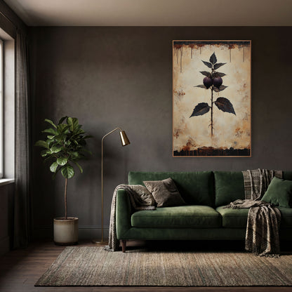 Dusky Plum Sprig Botanical Study wall art in a moody dark academia room – dark academia botanical artwork of a thorny