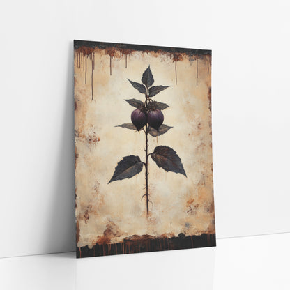 Dusky Plum Sprig Botanical Study art print leaning against a white wall – dark academia botanical artwork of a thorny sprig