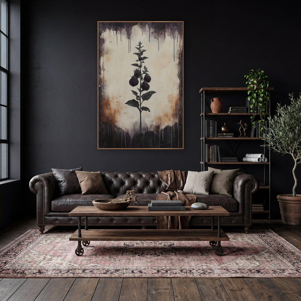 Dark Berry Sprig Botanical wall art in a moody dark academia room – dark academia botanical art of a sprig with four