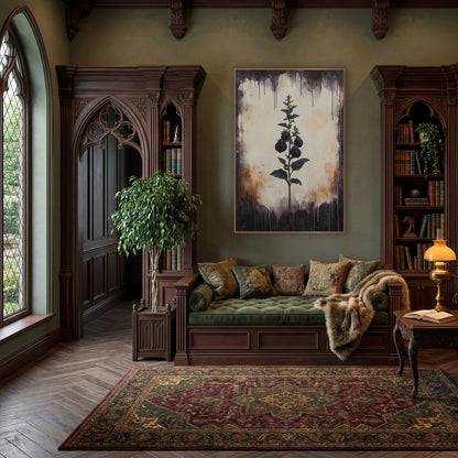 Dark Berry Sprig Botanical wall art in a moody dark academia room – dark academia botanical art of a sprig with four