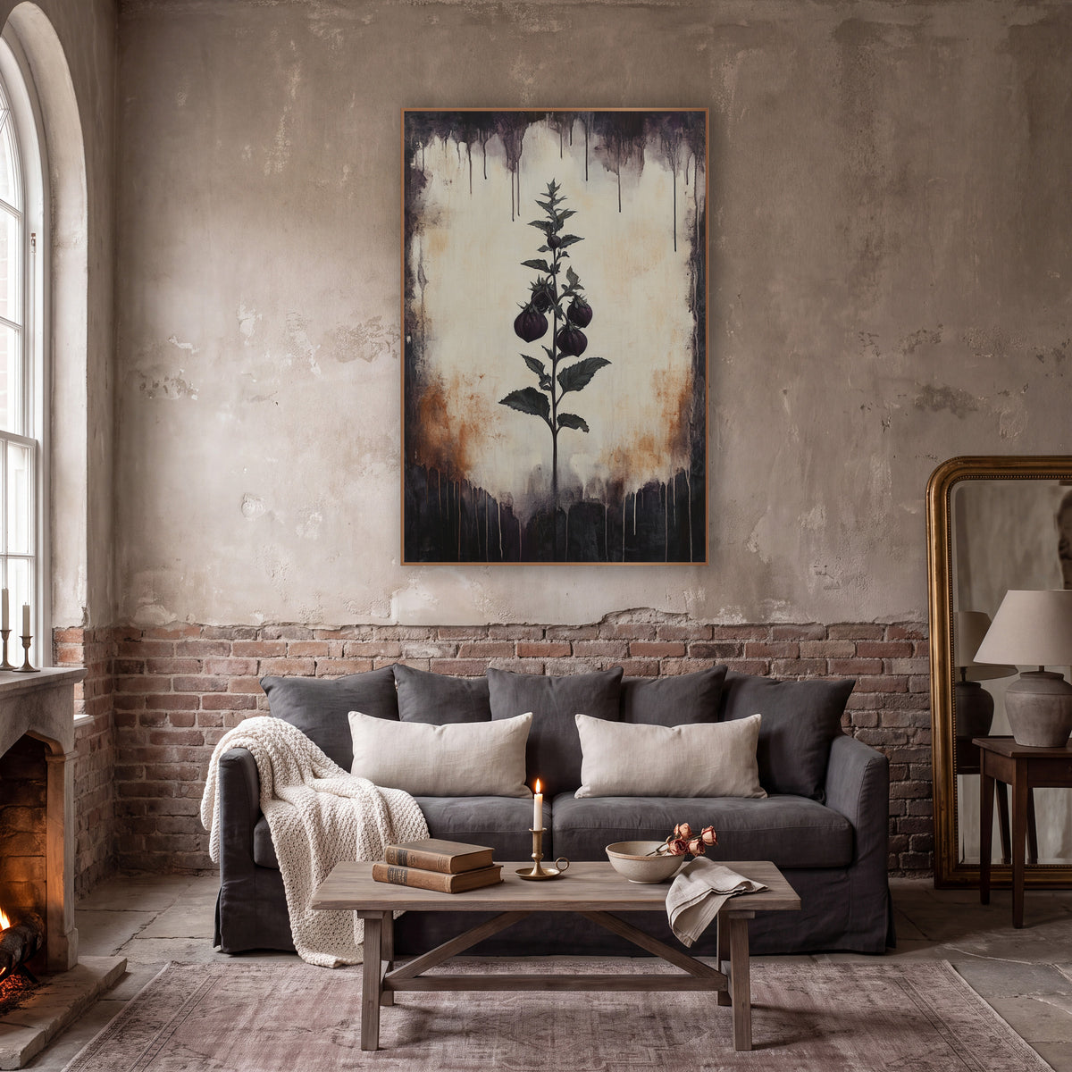 Dark Berry Sprig Botanical wall art in a moody dark academia room – dark academia botanical art of a sprig with four