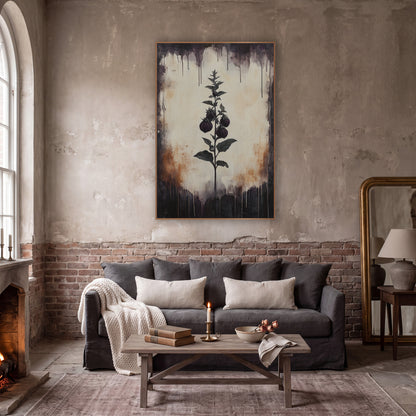 Dark Berry Sprig Botanical wall art in a moody dark academia room – dark academia botanical art of a sprig with four