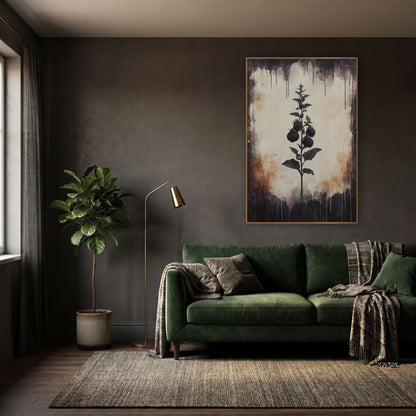 Dark Berry Sprig Botanical wall art in a moody dark academia room – dark academia botanical art of a sprig with four