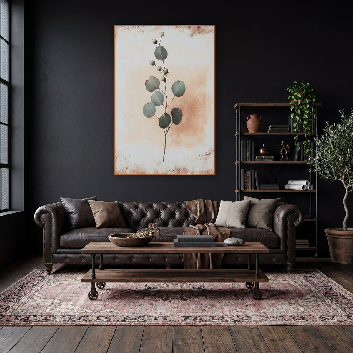 Sage Green Eucalyptus Sprig Botanical wall art in a moody dark academia room – slender sprig with round sage green