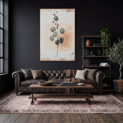 Sage Green Eucalyptus Sprig Botanical wall art in a moody dark academia room – slender sprig with round sage green