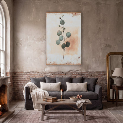 Sage Green Eucalyptus Sprig Botanical wall art in a moody dark academia room – slender sprig with round sage green