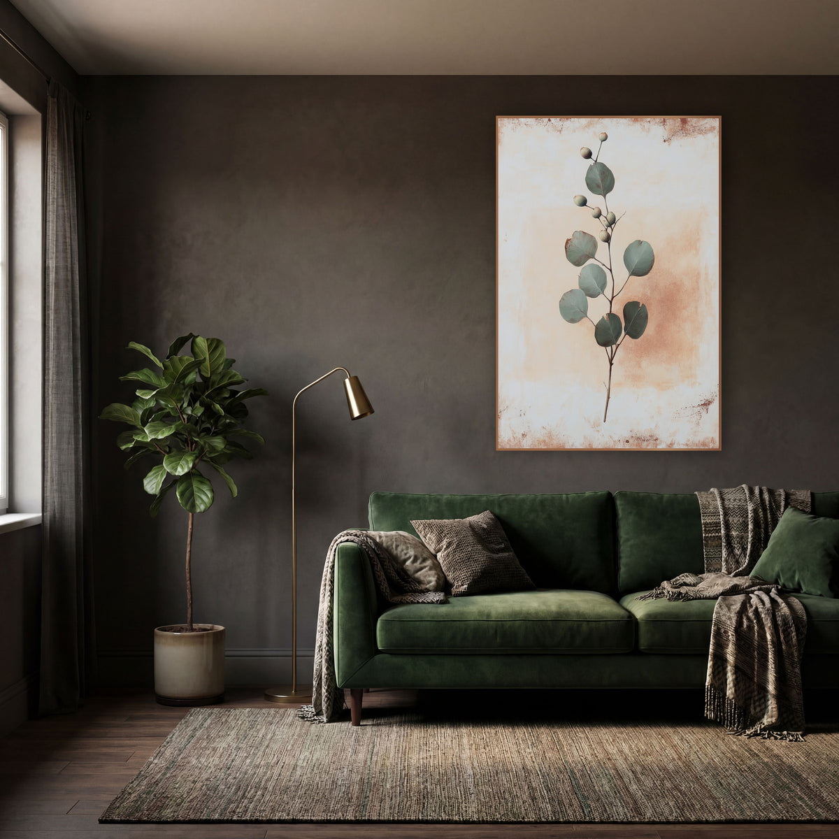 Sage Green Eucalyptus Sprig Botanical wall art in a moody dark academia room – slender sprig with round sage green