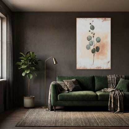 Sage Green Eucalyptus Sprig Botanical wall art in a moody dark academia room – slender sprig with round sage green