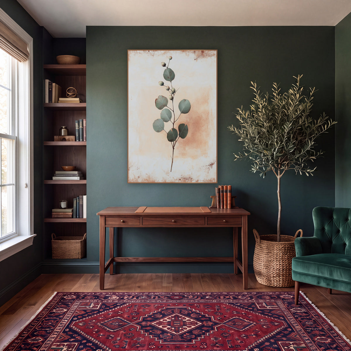 Sage Green Eucalyptus Sprig Botanical wall art in a moody dark academia room – slender sprig with round sage green