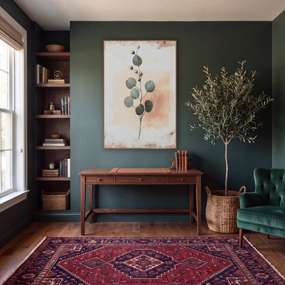 Sage Green Eucalyptus Sprig Botanical wall art in a moody dark academia room – slender sprig with round sage green